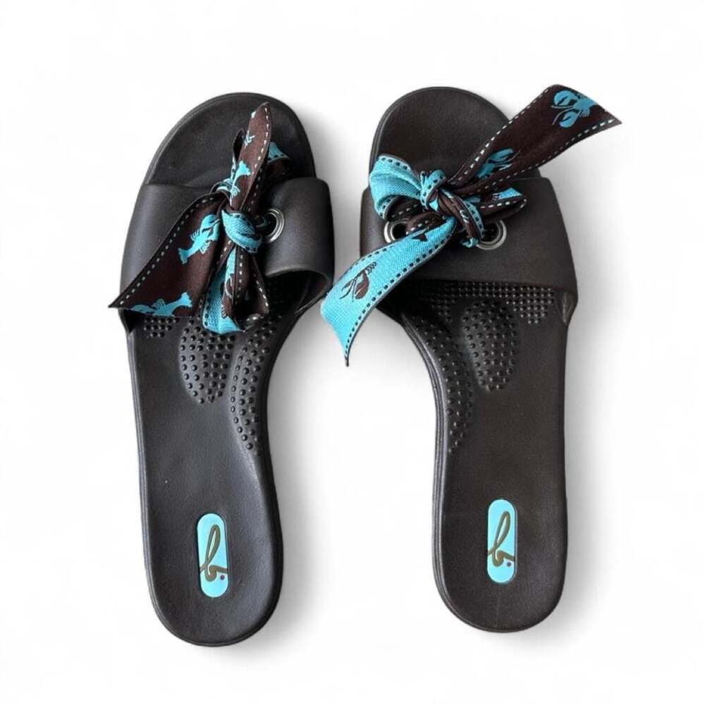 Y2K Brown & Teal OKA Sandals with Floral Ribbon – Size Medium Long (8-9)